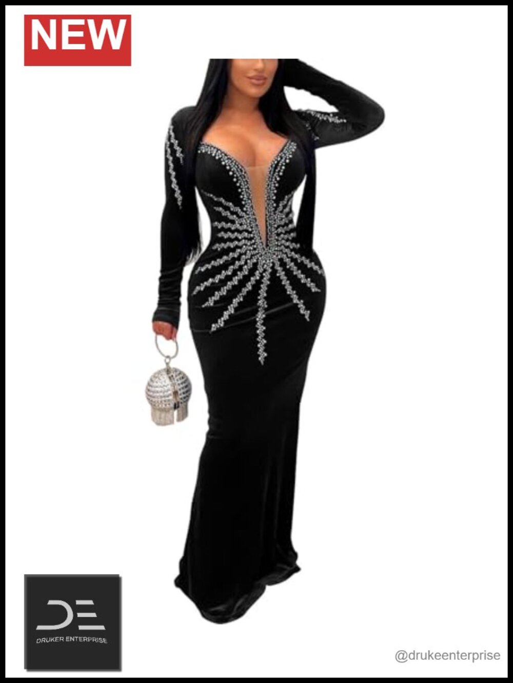 Rhinestone Embellished Velvet Long Sleeve V-Neck Bodycon Mermaid Maxi Dress
